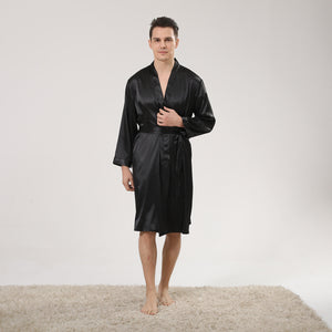 Black Kimono Silk Satin Thin Long Sleeve Men's Pajama Shorts Set Without Pockets