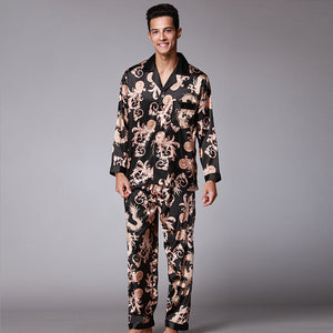 Dragon Print Silk Satin Men's Long Sleeve Pajama Set Casual Homewear