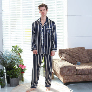 Men's Long Sleeve Pajama Set Striped Silk Satin Loungewear Set