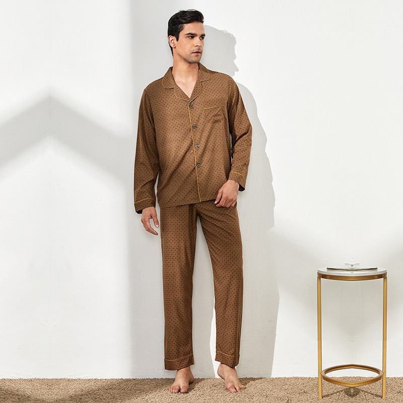 Men's Lapel Silk Satin Long Sleeve Pajama Set Casual Homewear