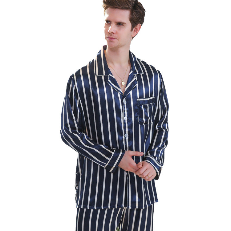 Men's Long Sleeve Pajama Set Striped Silk Satin Loungewear Set