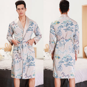 Silk Satin Collarless Men's Pajama Print Cardigan Bathrobe