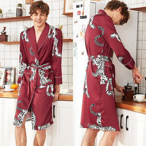 Silk Satin Collarless Men's Pajama Print Cardigan Bathrobe
