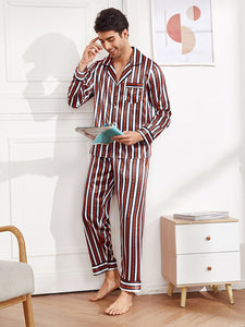 Men's Lapel Silk Satin Long Sleeve Pajama Set Casual Homewear