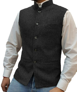 Brown Wedding Vest for Groomsmen Stand Collar 5 Buttons 3 Pockets Casual Waistcoat