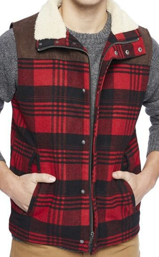 Red Plaid Wool Blend Vest Fur Collar Ugly Christmas Vest Winter