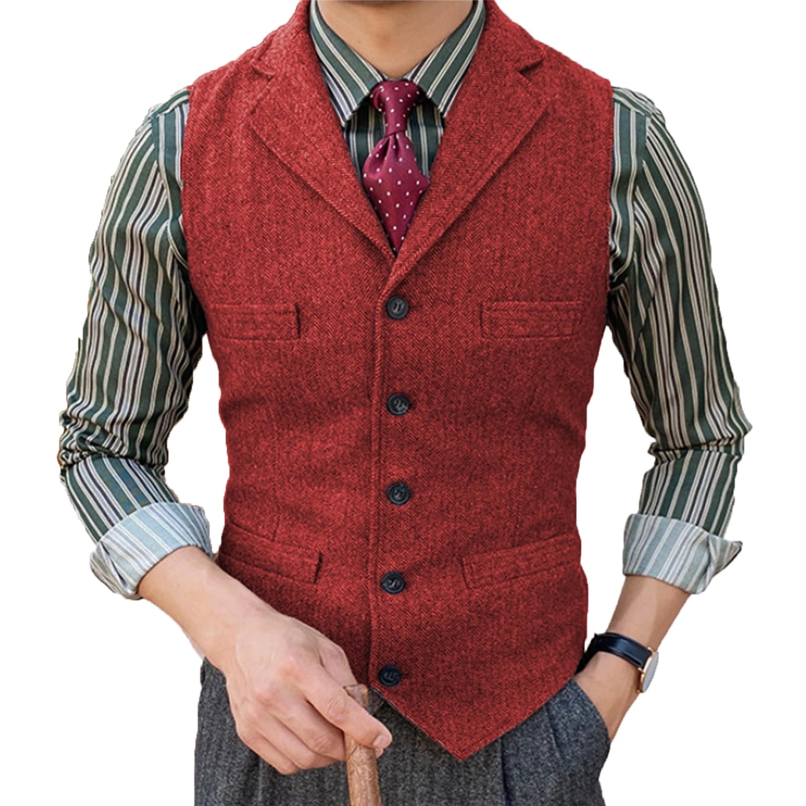 Men Striped Suit Vest,Slim Business Lapel Single-Breasted Casual