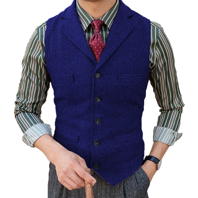Allthemen Heren Gilet van Tweed, Enkele Knop met Revers, Formeel Zakenkostuumvest, Visgraatpatroon voor Bruiloft, Blauw, M Allthemen Heren Gilet van Tweed, Enkele Knop met Revers, Formeel Zakenkostuumvest, Visgraatpatroon voor Bruiloft, Blauw, M