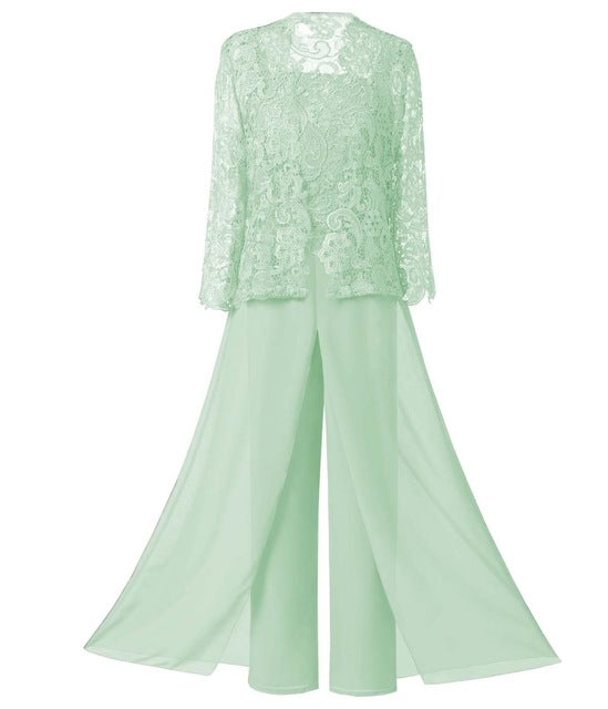 Mother of the Bride Dress Plus Size - 3 Pieces Sage Green Lace Chiffon Pants Suit Ankle-length