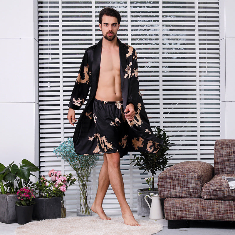 Mens Pajamas Sets Satin Kimono Dragon Robe Silk Home Pajamas