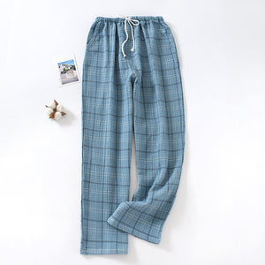Men Crepe And Cotton Big Lattice Drawstring  Casual Relaxed Home Pants For Couples