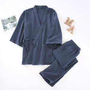 Men's Cotton Crepe Kimono Pajamas Solid Set Loose Casual Home Wear