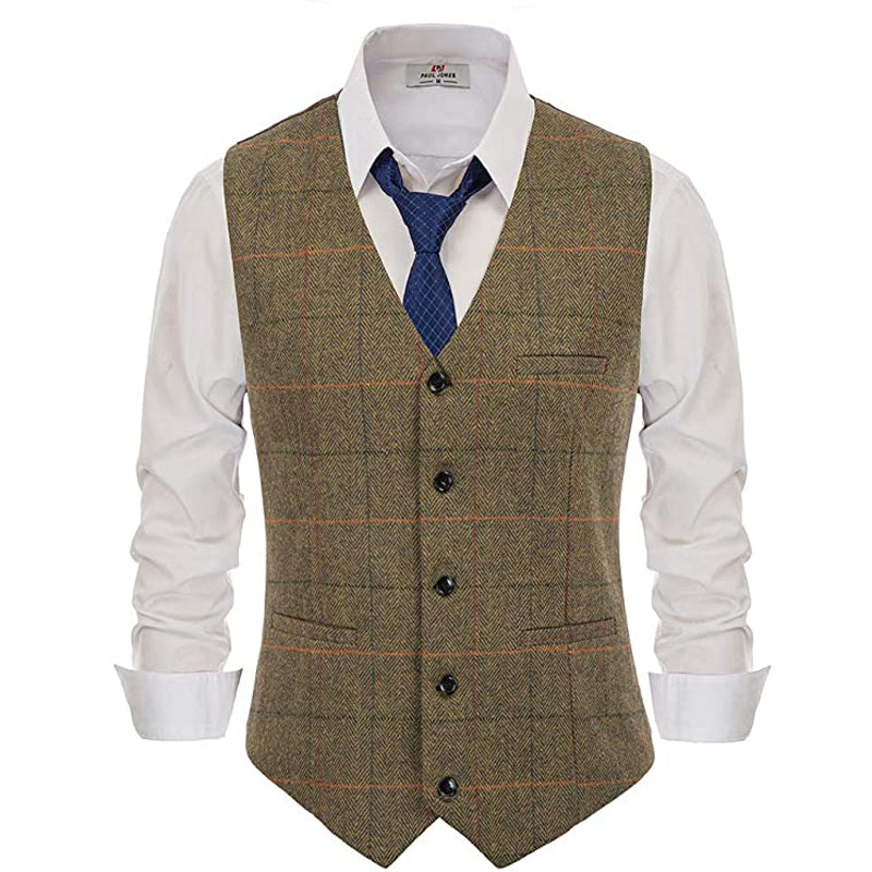 Mens Vest V Neck Herringbone Wool Tweed Striped/Lattice Silm Fit For Formal