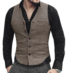 Men's Vest V Neck Tweed Small Grid Waistcoat Casual Slim Fit