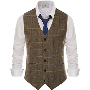 Mens Vest V Neck Herringbone Wool Tweed Striped/Lattice Silm Fit For Formal