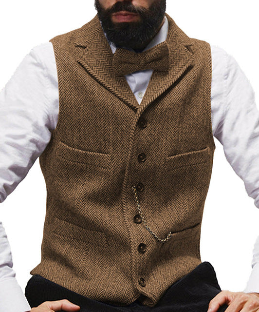 mens suit vests brown waistcoat steampunk jacket striped tweed v-neck homme wedding (No chain) M / brown