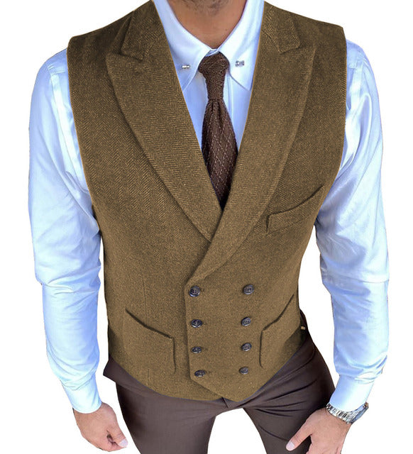 Men Suit Vest Double Breasted Herringbone Pattern Notch Lapel Waistcoat