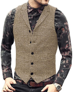 Brown Men's Suit Vest Wedding Groomsmen Dress Wool Plaid Lapel Slim Vest