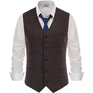 Mens Vest V Neck Herringbone Wool Tweed Striped/Lattice Silm Fit For Formal