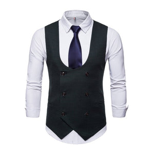 Men's Vest U Neck Plaid Double Breasted Formal Business Vest