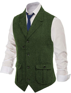 Men's Slim Fit Herringbone Tweed Suits Vest Premium Wool Blend Waistcoat（Irregular Buttons）