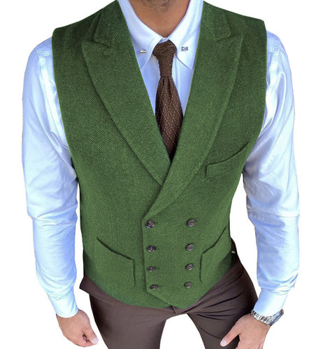 Men Suit Vest Double Breasted Herringbone Pattern Notch Lapel Waistcoat