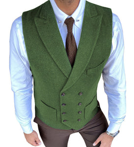 Men Suit Vest Double Breasted Herringbone Pattern Notch Lapel Waistcoa ...