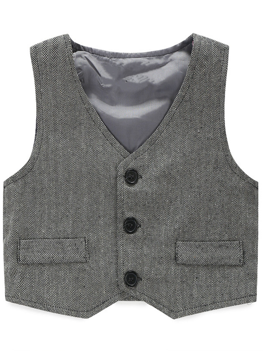 Boy's Vest Made-to-Order Light Grey Herringbone Baby Infant Toddler Boys Girl's Waistcoat V-neck 2 Pockets 3 Buttons