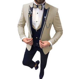 Men's 3 Piece Suits Beige Khaki Lapel Slim Fit Formal For Wedding Suits(No Tie)