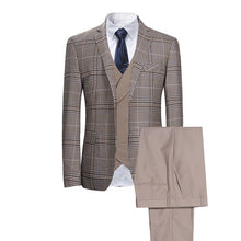 Load image into Gallery viewer, Mens 3 PICS Suit Khaki Lapel Plaid Suit For Wedding Banquet (Blazer+Vest+Pants)