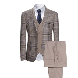 Mens 3 PICS Suit Khaki Lapel Plaid Suit For Wedding Banquet (Blazer+Vest+Pants)