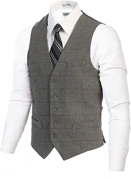 Men's 5-button V Neck Herringbone Slim-Fit Formal Suit Vest