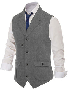 Men's Slim Fit Herringbone Tweed Suits Vest Premium Wool Blend Waistcoat（Irregular Buttons）