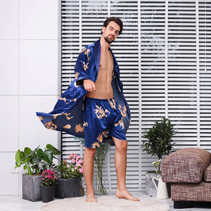 Mens Pajamas Sets Satin Kimono Dragon Robe Silk Home Pajamas