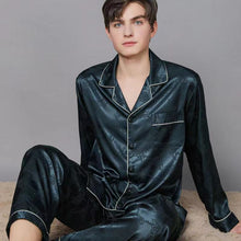 Load image into Gallery viewer, Jacquard Lapel Silk Satin Long Sleeve Pants Pajama Set Men&#39;s Homewear