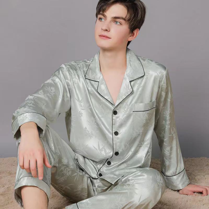 DressCulture Silk Satin Men's Homewear Jacquard Lapel Long Sleeve Pants Pajama Set 3XL / Dark Green