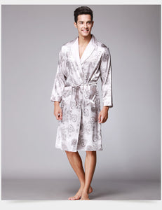 Men Robe Kimono Satin Silk Long Sleeve Print  Home Bath Robe