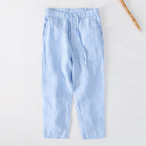 Men Linen Breathable Simple Drawstring Elastic Button Fresh Nine-Point Pants