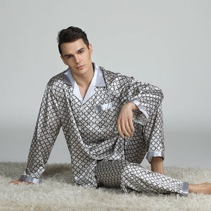 DressCulture Silk Satin Men's Homewear Jacquard Lapel Long Sleeve Pants Pajama Set XL / Royal Blue