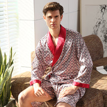 Load image into Gallery viewer, Men Robe 2PCS Sets Faux Silk Satin Kimono Sleepwear Bathrobe Robe&amp;Shorts