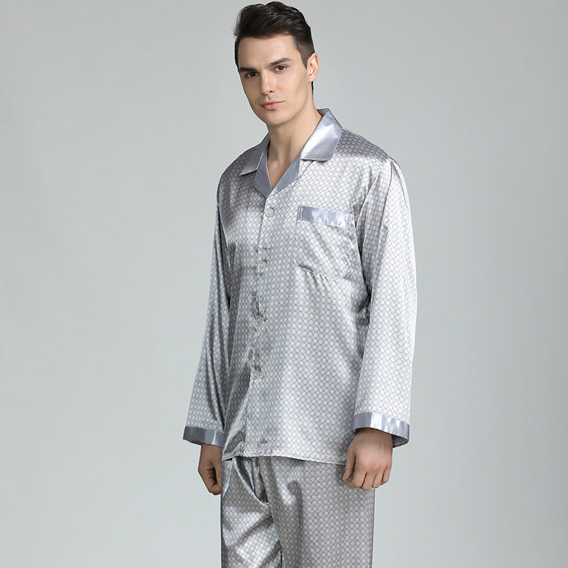 DressCulture Silk Satin Men's Homewear Jacquard Lapel Long Sleeve Pants Pajama Set XL / Royal Blue